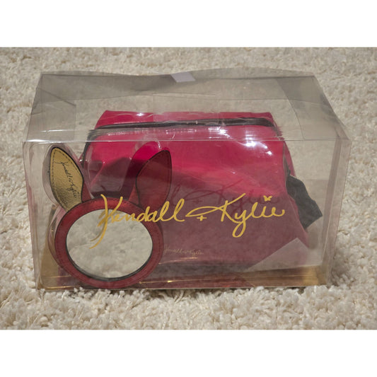 Kendall + Kylie Katie Red Patent Cosmetic Makeup Bag Bunny Ear Mirror Set