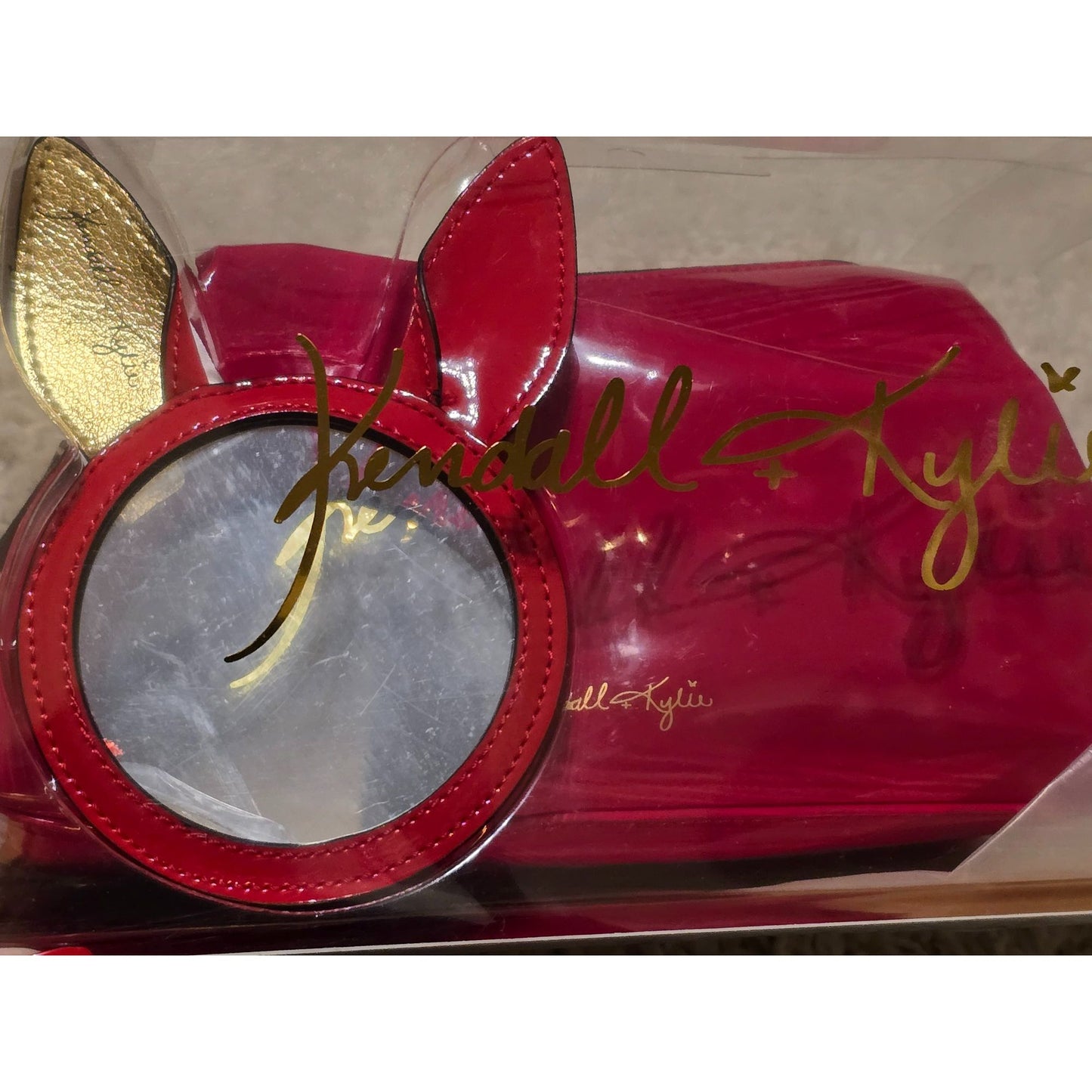 Kendall + Kylie Katie Red Patent Cosmetic Makeup Bag Bunny Ear Mirror Set