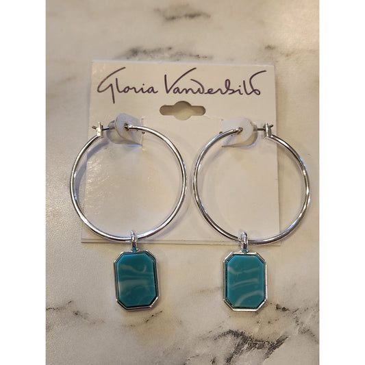 Gloria Vanderbilt Silver Hoop Earrings W/ Turquoise Geometric Pendant Drop Women's