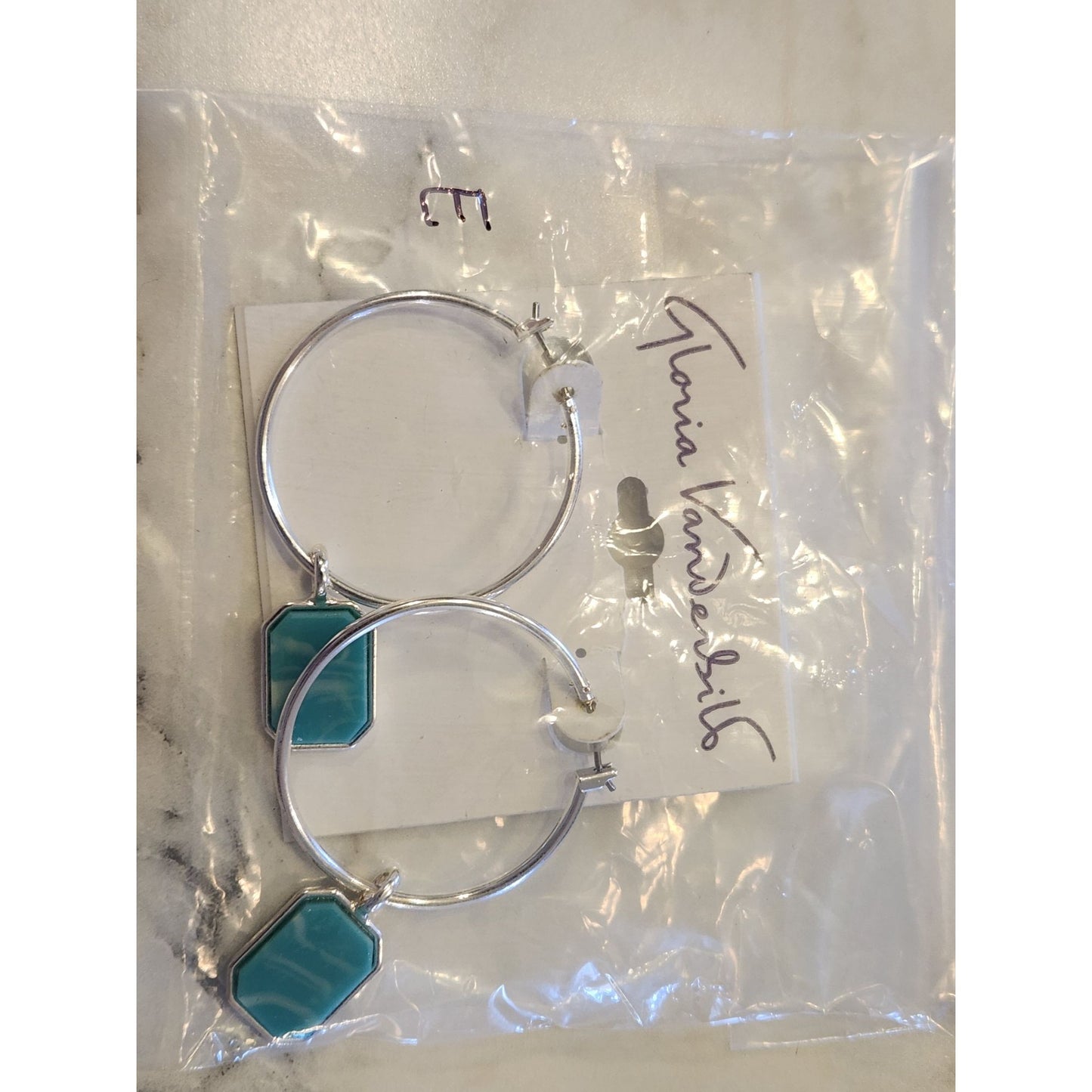 Gloria Vanderbilt Silver Hoop Earrings W/ Turquoise Geometric Pendant Drop Women's