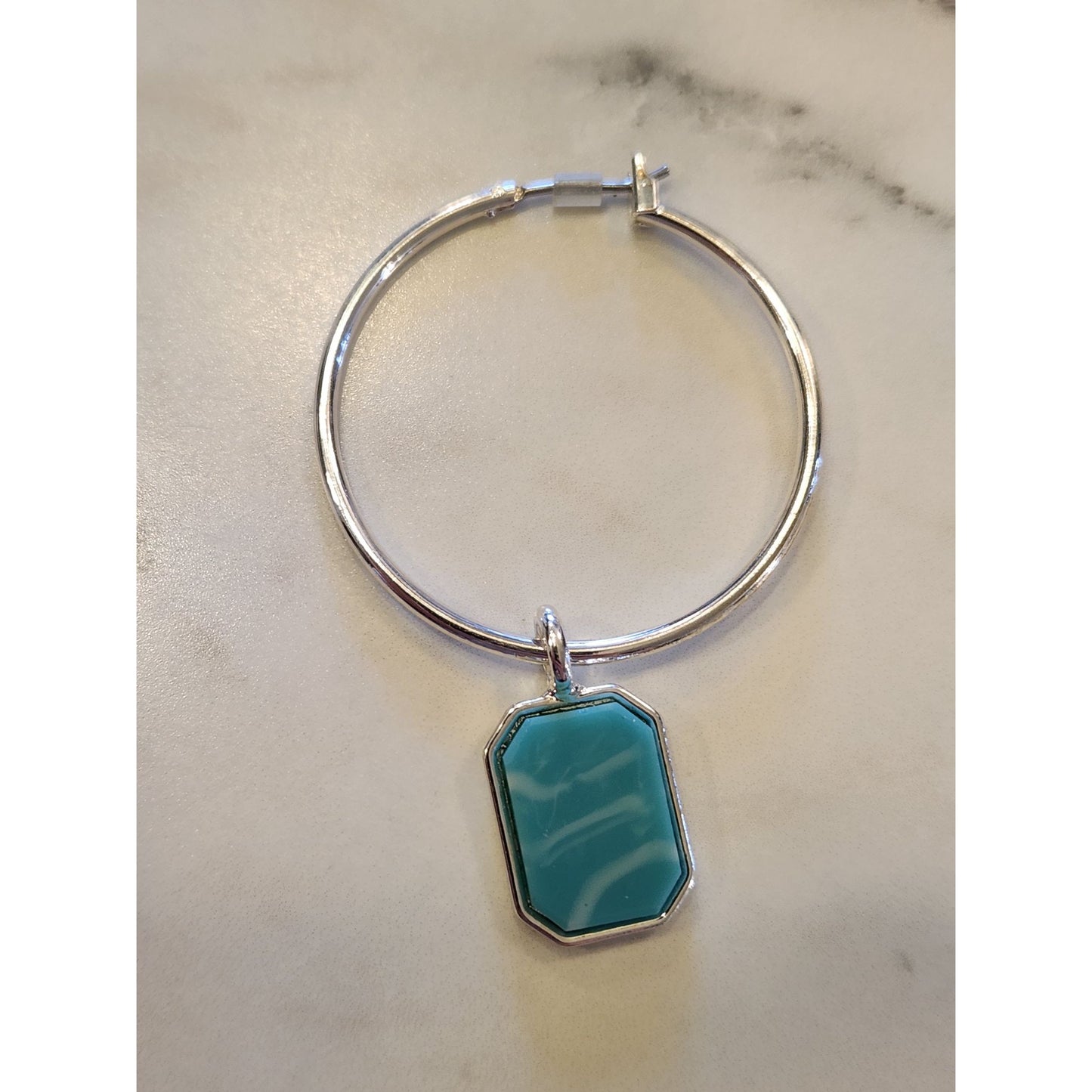 Gloria Vanderbilt Silver Hoop Earrings W/ Turquoise Geometric Pendant Drop Women's