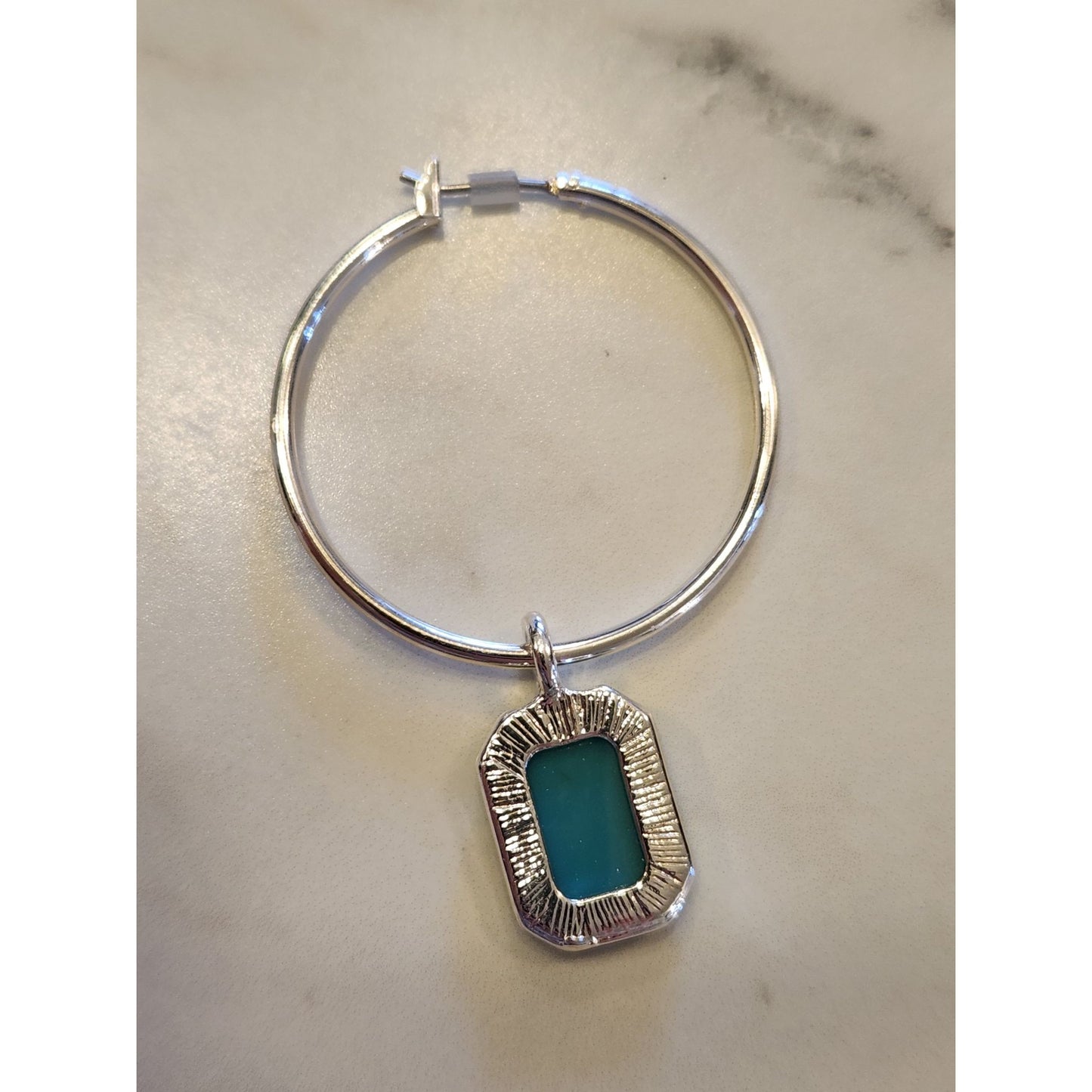 Gloria Vanderbilt Silver Hoop Earrings W/ Turquoise Geometric Pendant Drop Women's