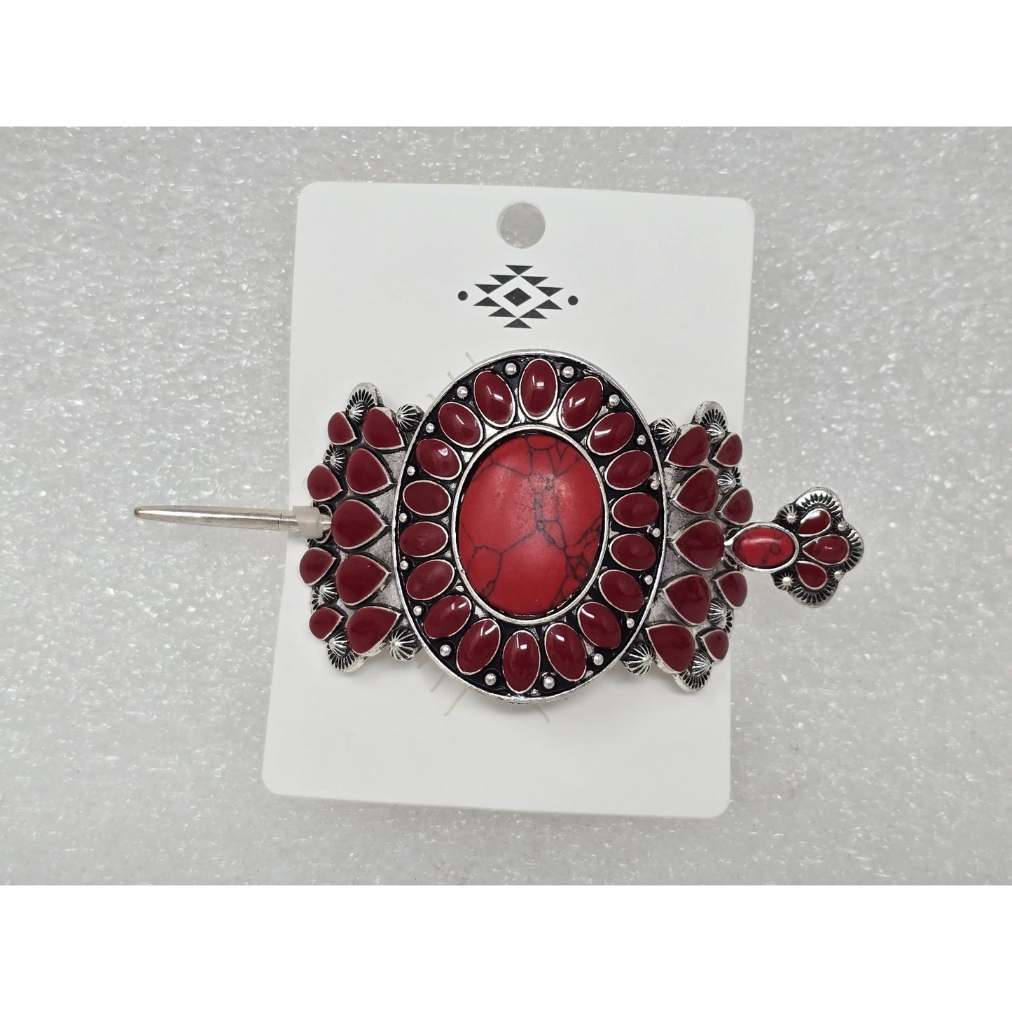 Southwestern Style Red & Silver Tone Hair Pin Barrette