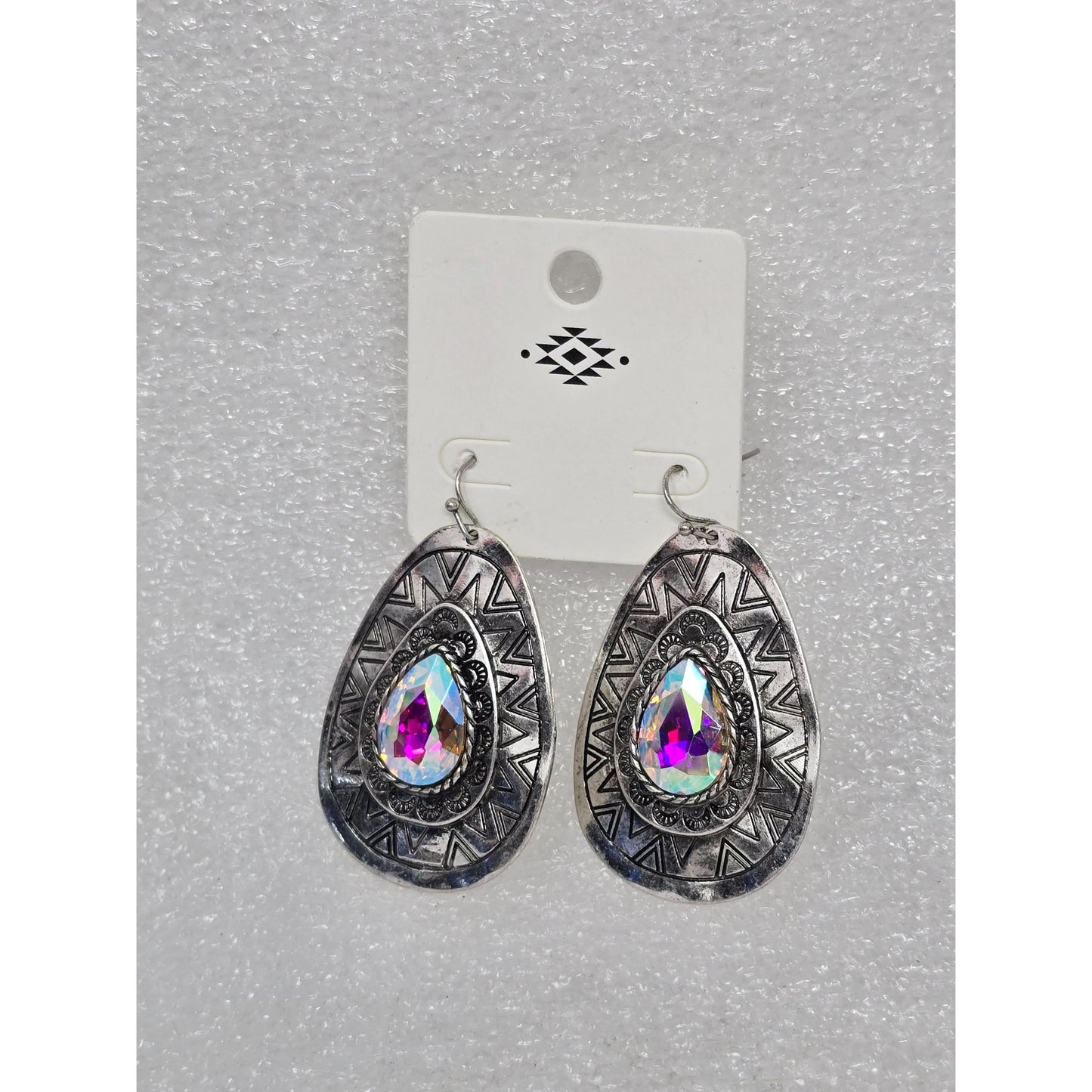 Silver Tone Teardrop Earrings With Iridescent Crystal