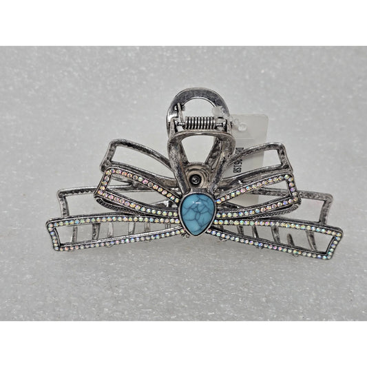 Large Silver Tone Hair Claw Clip With Rhinestones & Faux Turquoise Centerpiece