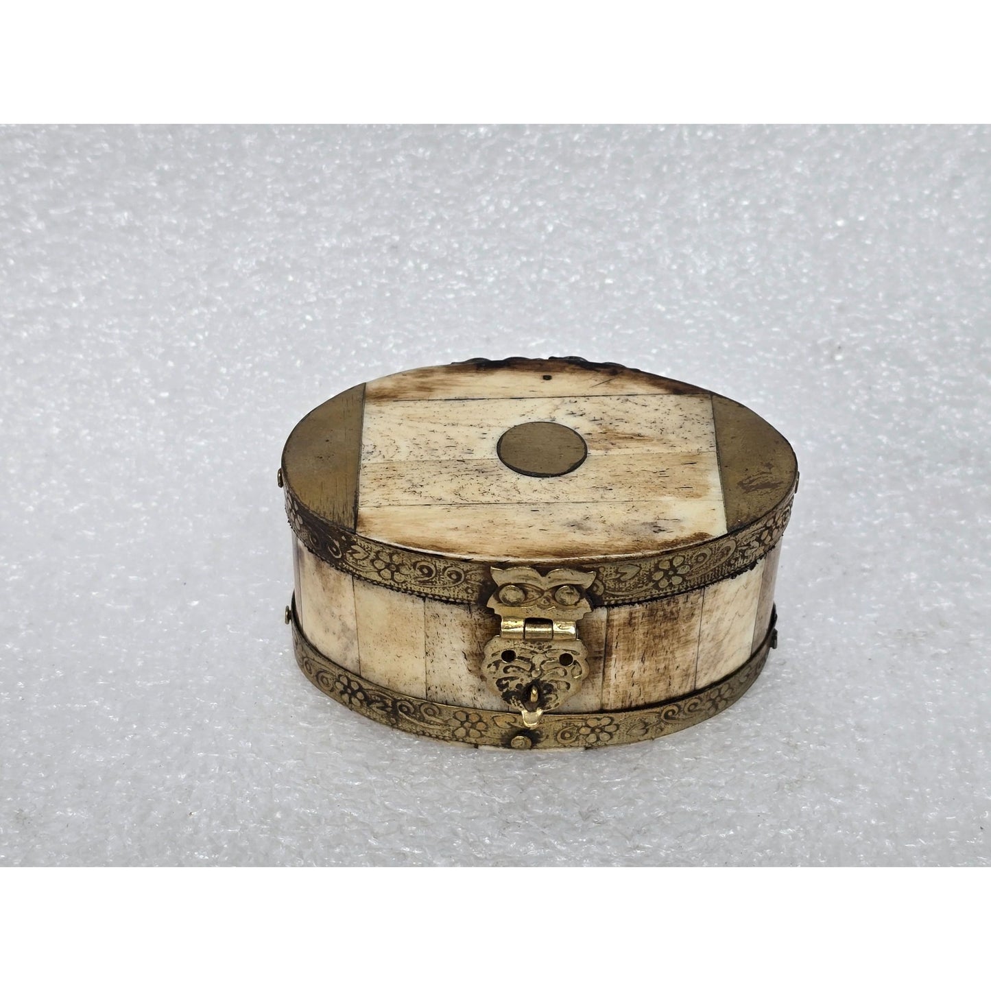 Vintage Oval Trinket Box With Floral Brass Engraving & Bone Inlay Made In India
