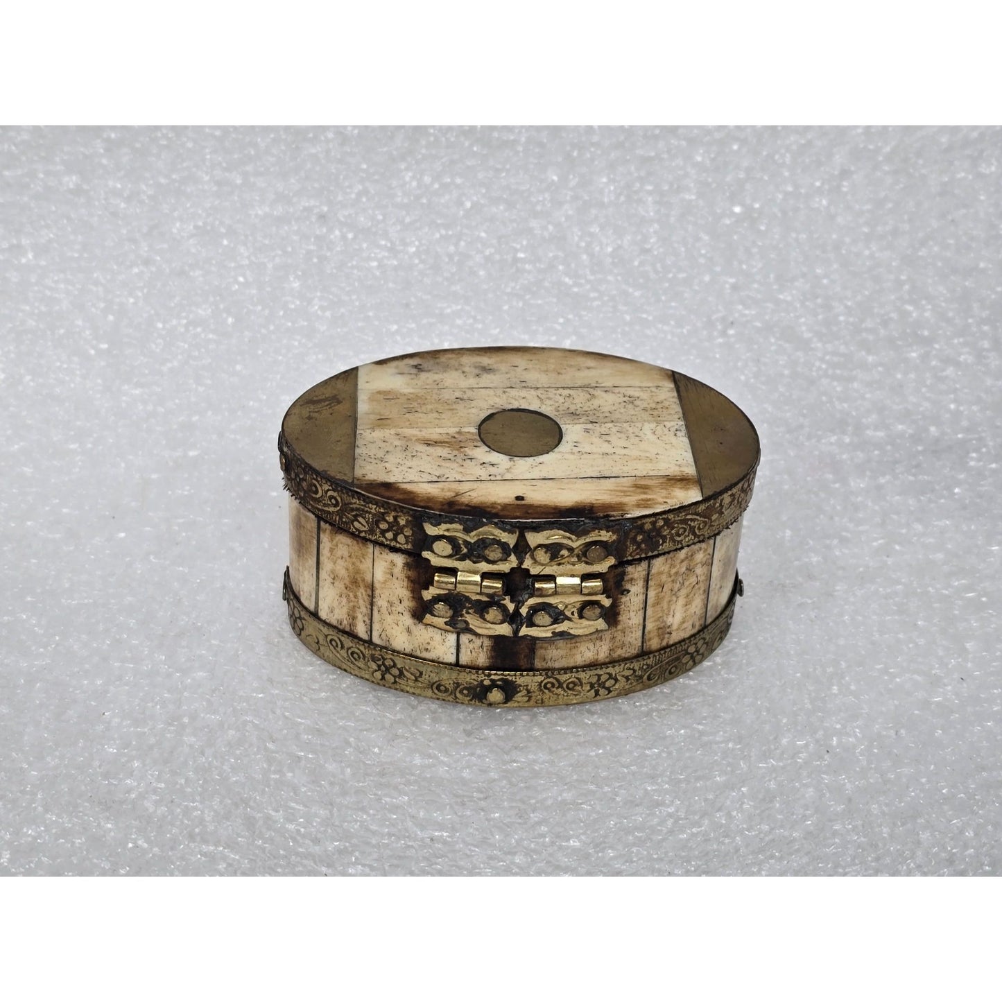 Vintage Oval Trinket Box With Floral Brass Engraving & Bone Inlay Made In India