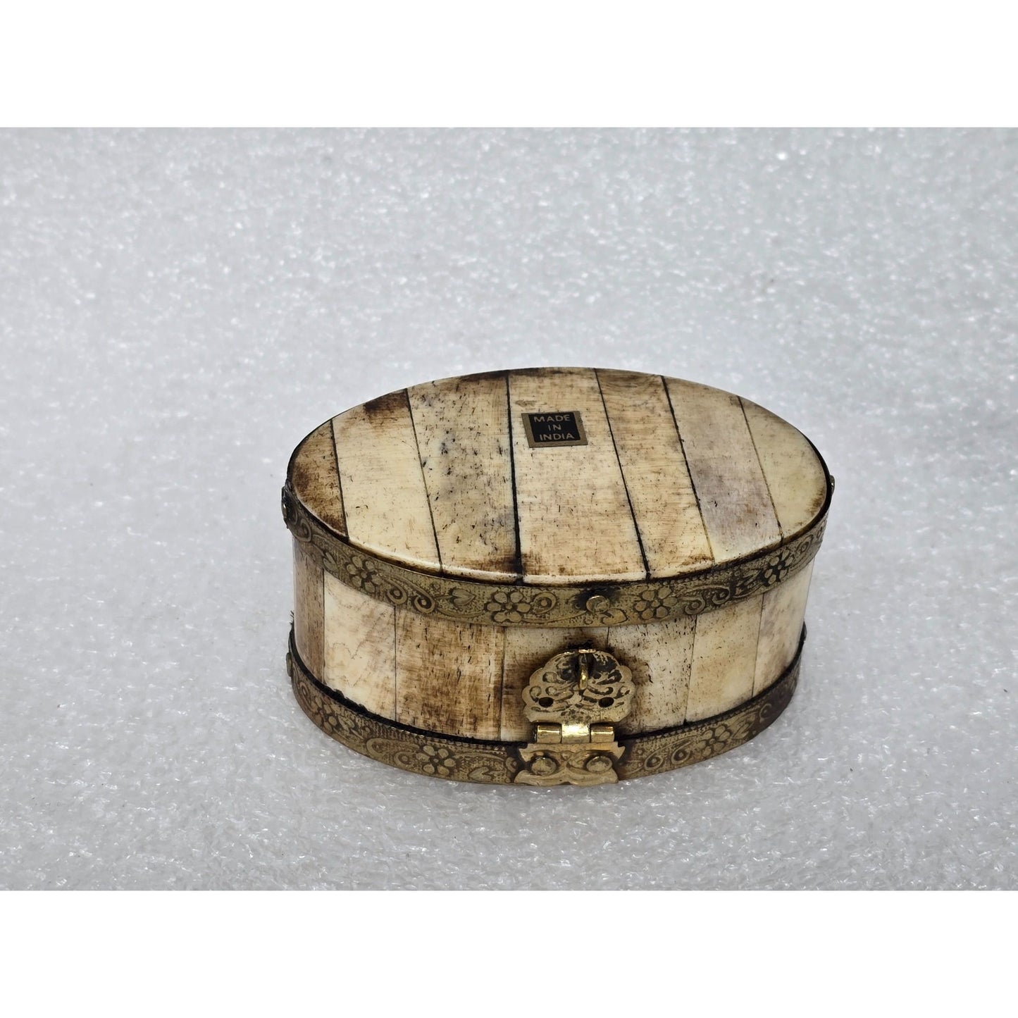 Vintage Oval Trinket Box With Floral Brass Engraving & Bone Inlay Made In India