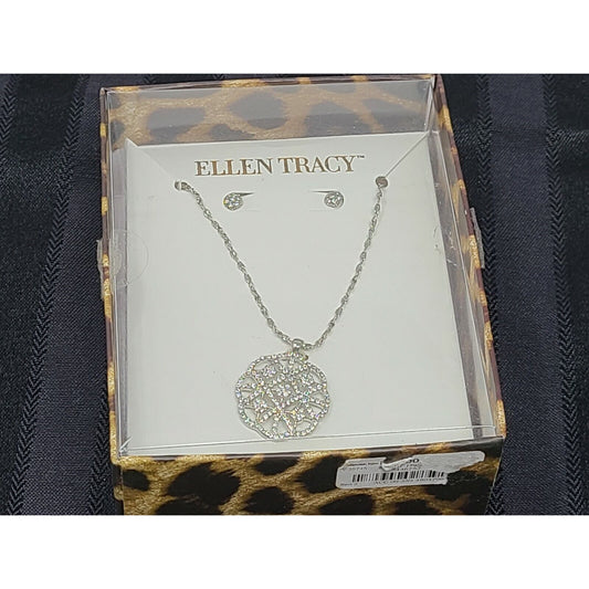 Ellen Tracy Necklace & Earrings Set Silver Tone w/Rhinestones