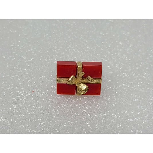 Vintage Red Christmas Present Lapel Pin Brooch Gold Tone