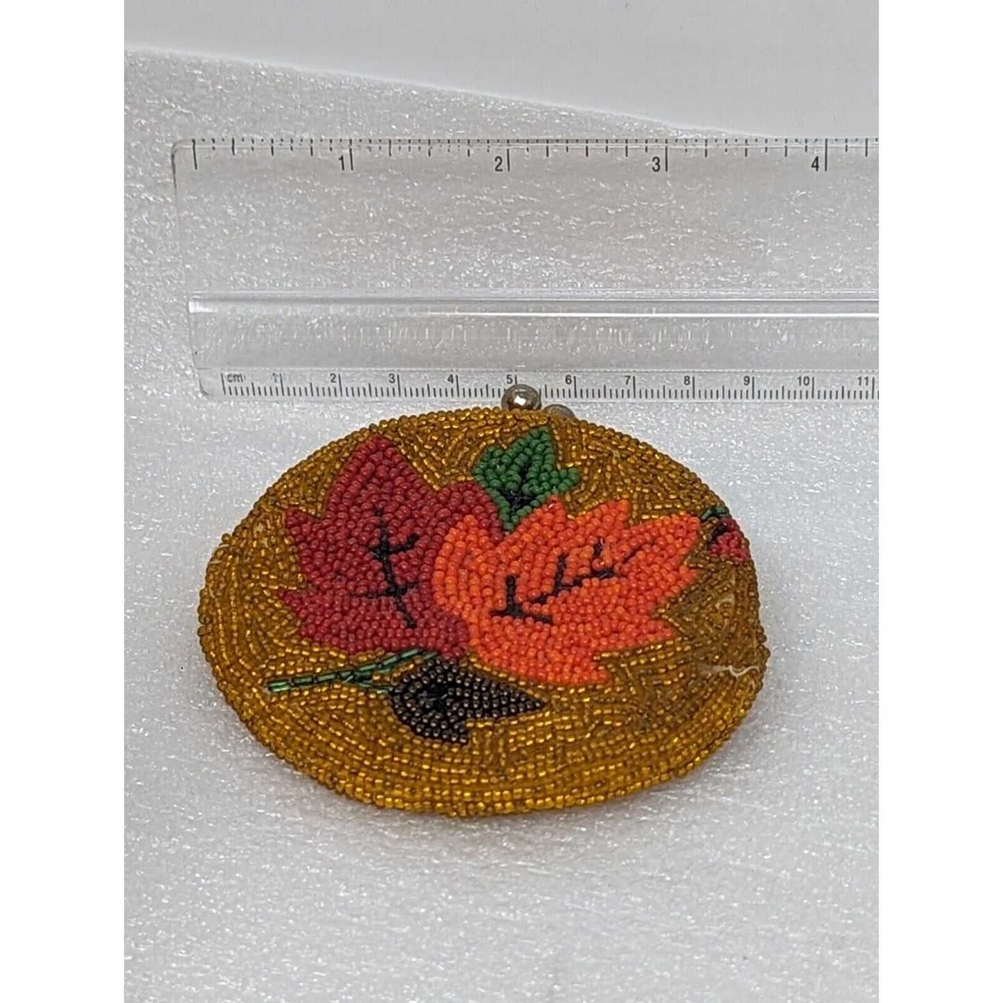 Vintage Beaded Coin Purse With Leaves Hand Made In Korea