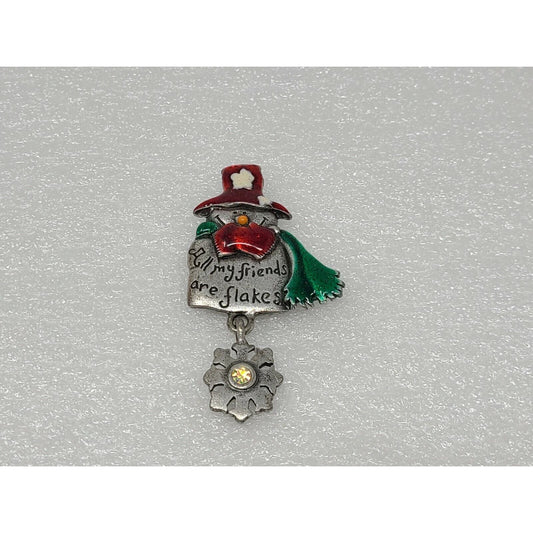 Vintage AJMC Snowman All My Friends are Flakes Brooch Pin Rhinestone Christmas