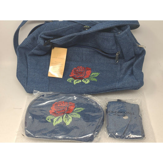 Gold Coast Denim Handbag Purse Bag 3 Piece Set W/Red Rose