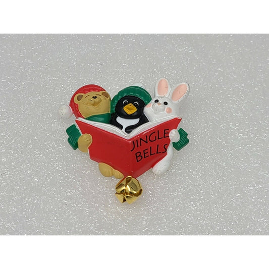 Vintage Christmas Brooch Plastic Hallmark Jingle Bells Bear Rabbit Penguin Pin