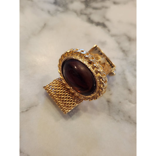 Vintage Swank Gold-Tone Mesh Wrap Cufflink With Oval Amber Glass Stone Accent