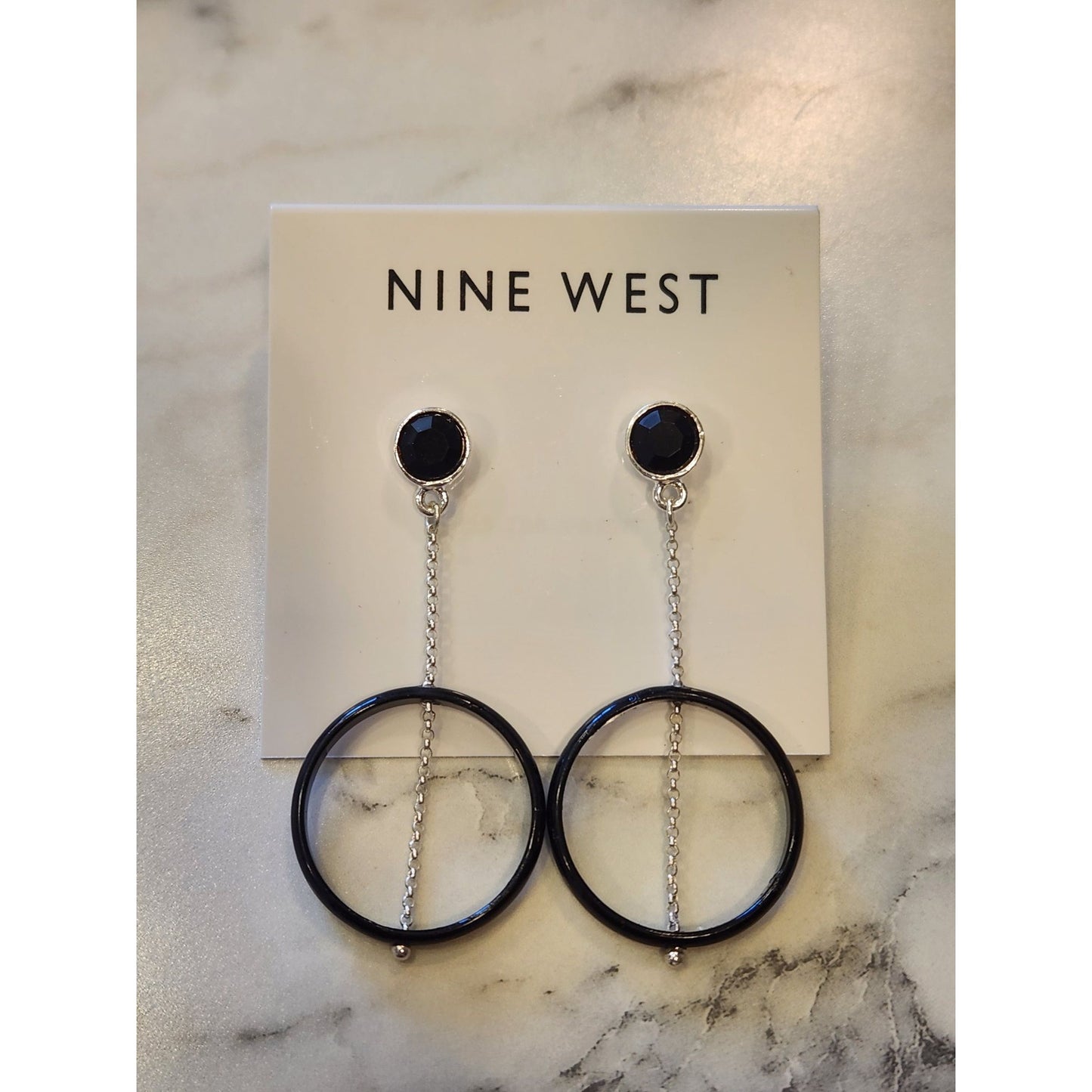 Nine West Silver Tone & Black Circle Drop Earrings With Chain Detail