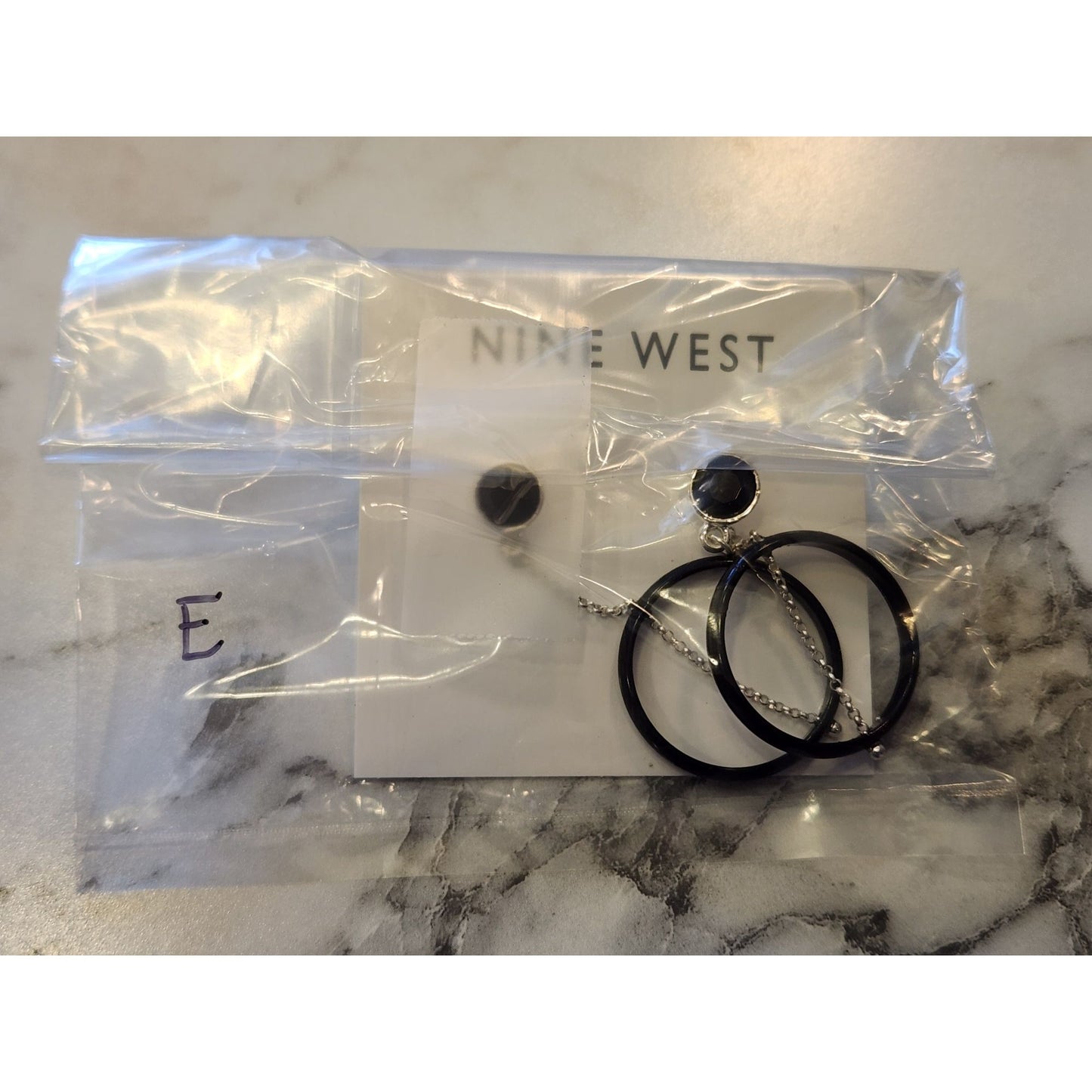 Nine West Silver Tone & Black Circle Drop Earrings With Chain Detail