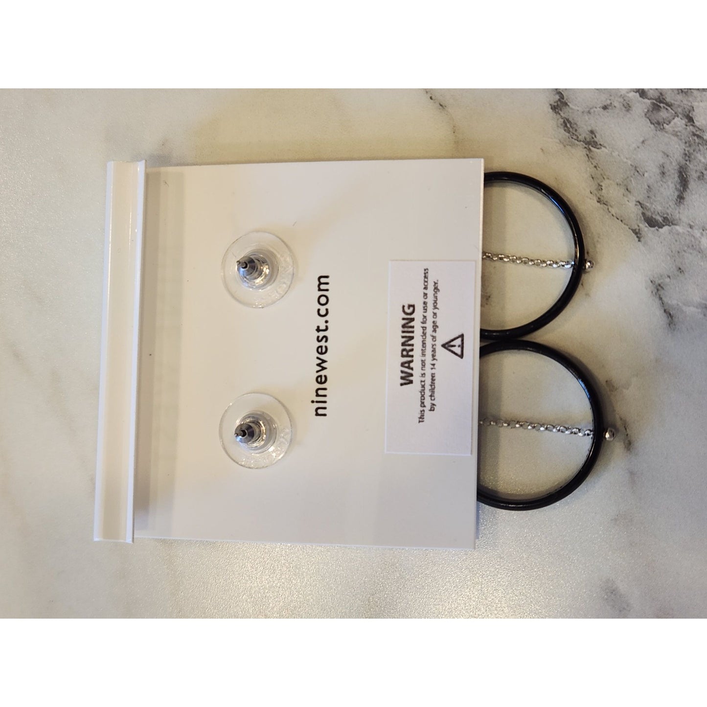 Nine West Silver Tone & Black Circle Drop Earrings With Chain Detail