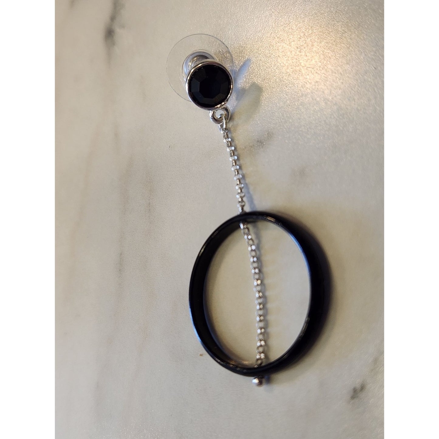 Nine West Silver Tone & Black Circle Drop Earrings With Chain Detail