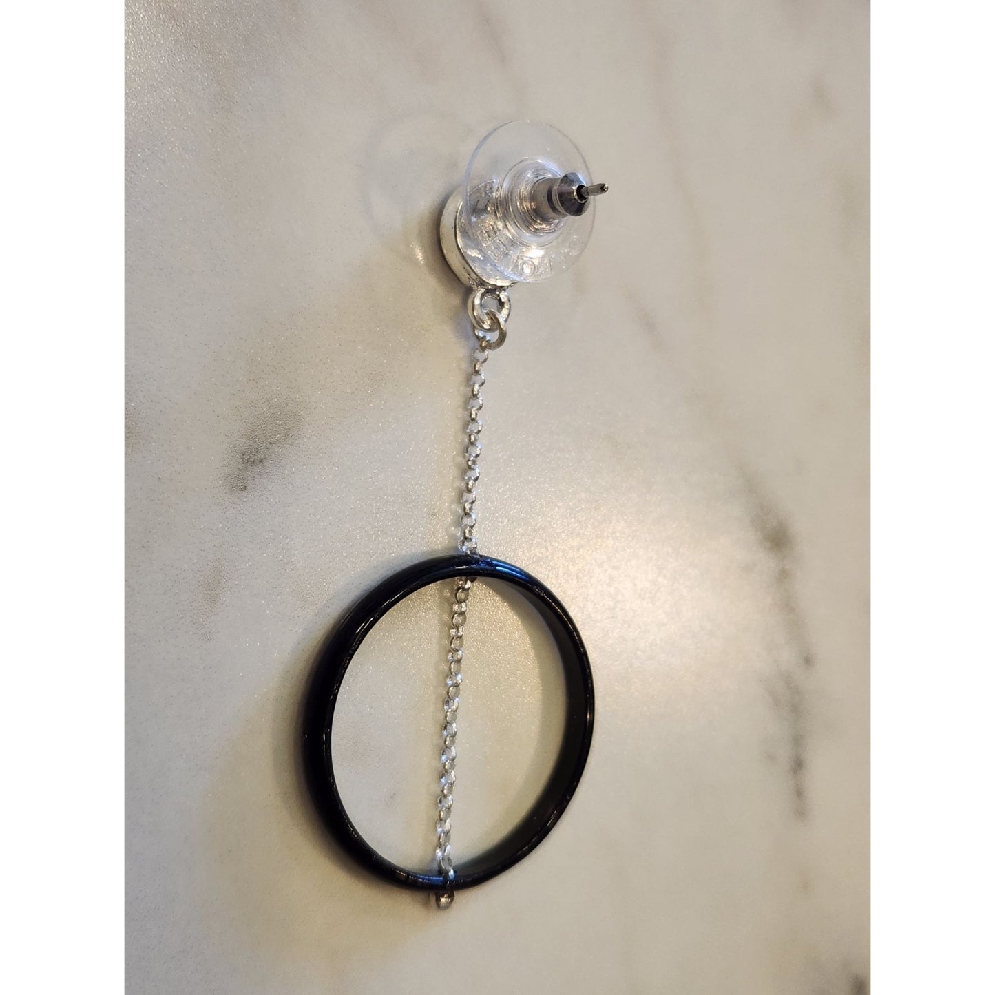 Nine West Silver Tone & Black Circle Drop Earrings With Chain Detail