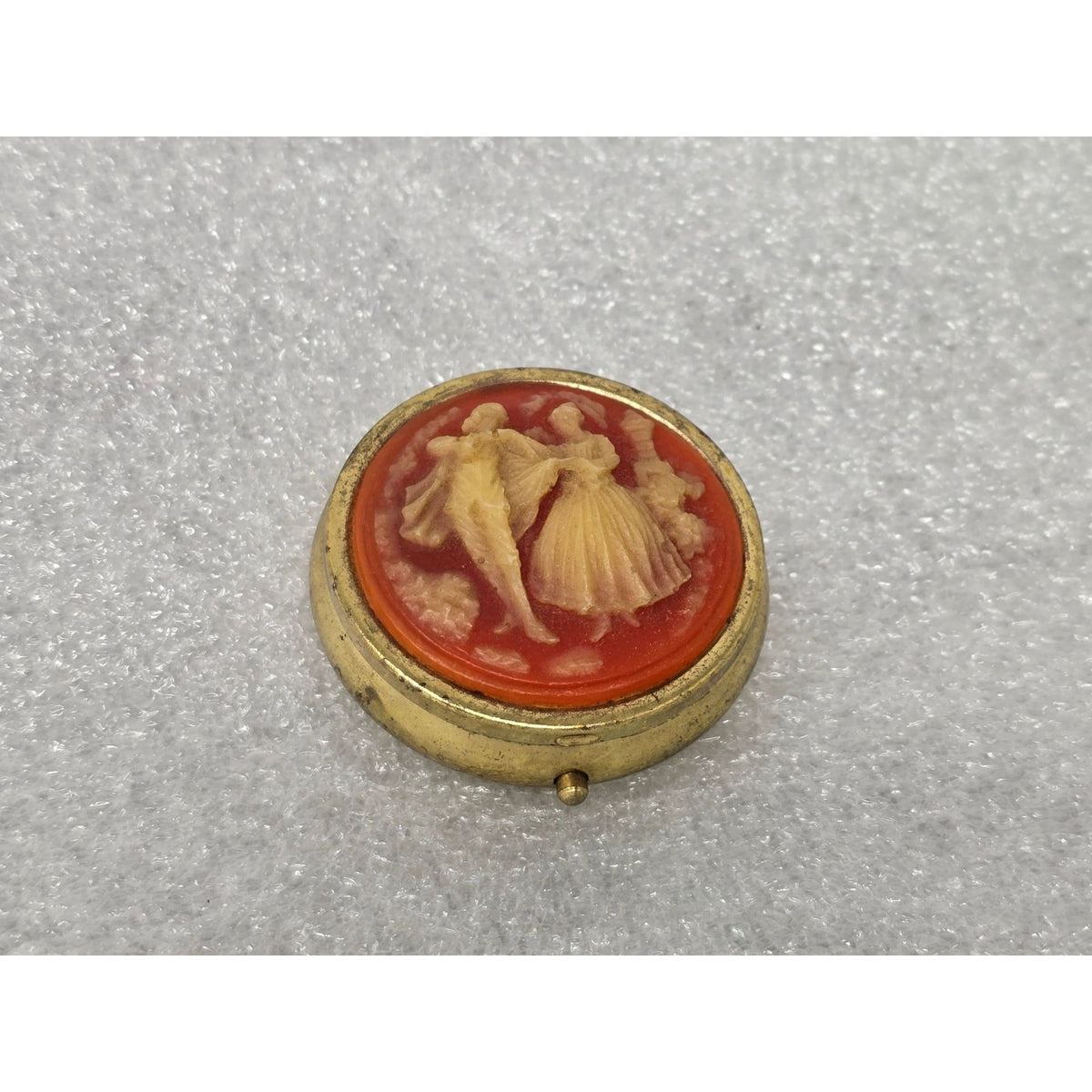 Vintage Gold-Tone Cameo Pill Box With 3 Compartments & Hinged Lid Victorian