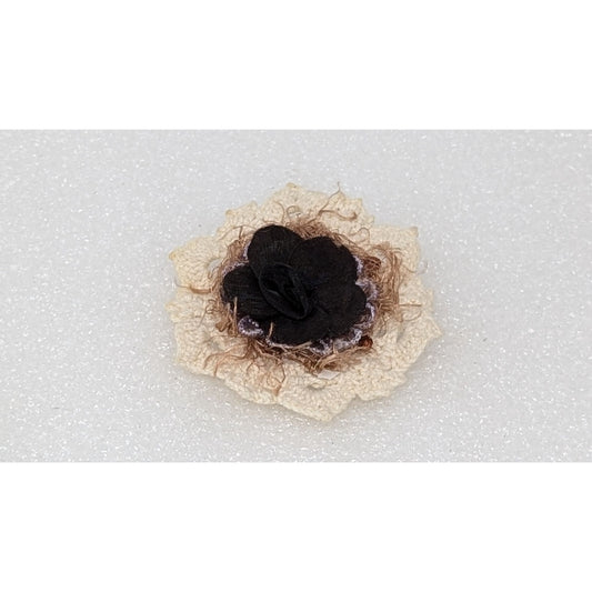 Vintage Handmade Crochet Flower Brooch With Black Center 3" Diameter