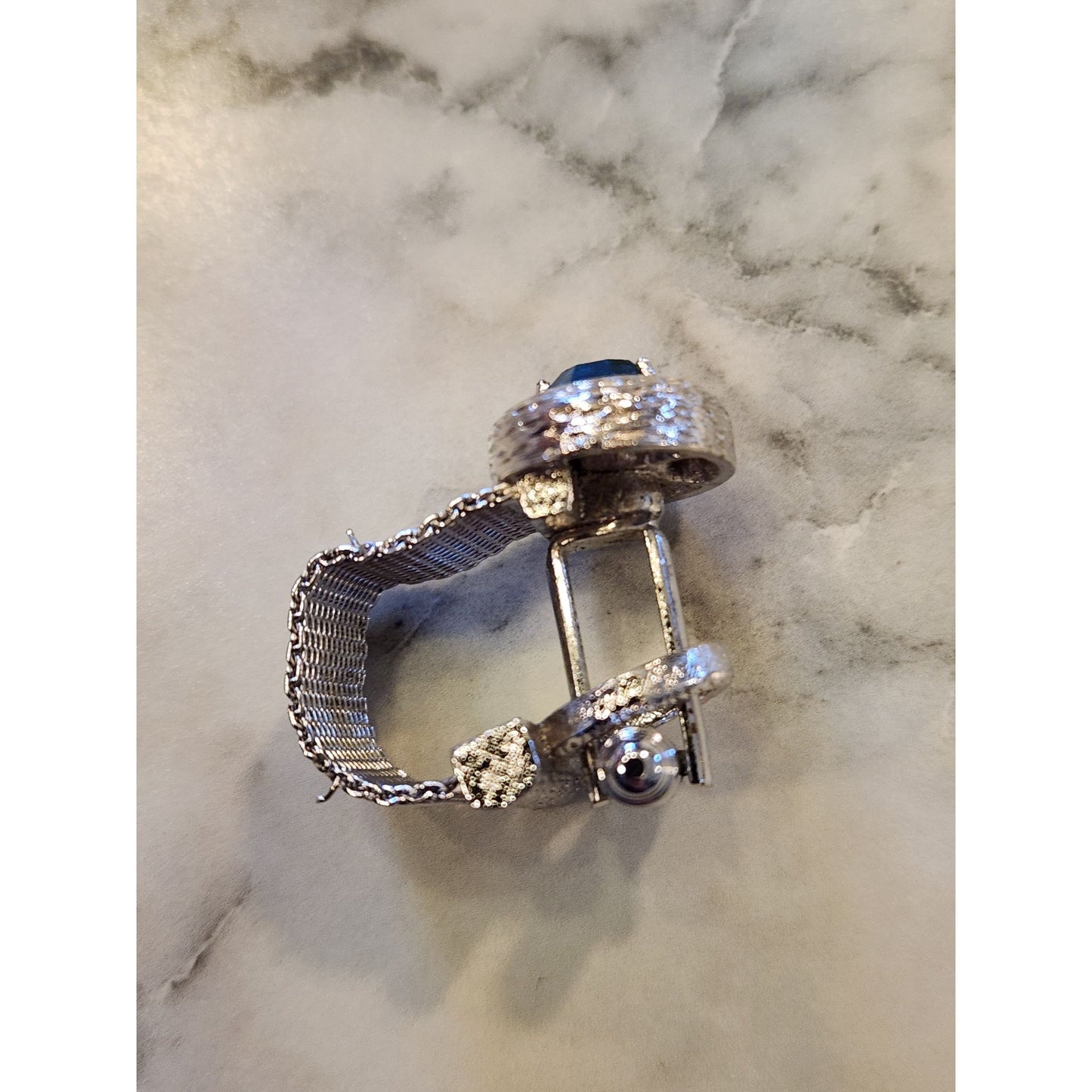 Vintage Shields 5th Avenue Mens Faux Blue Topaz Cufflink With Silver-Tone Mesh