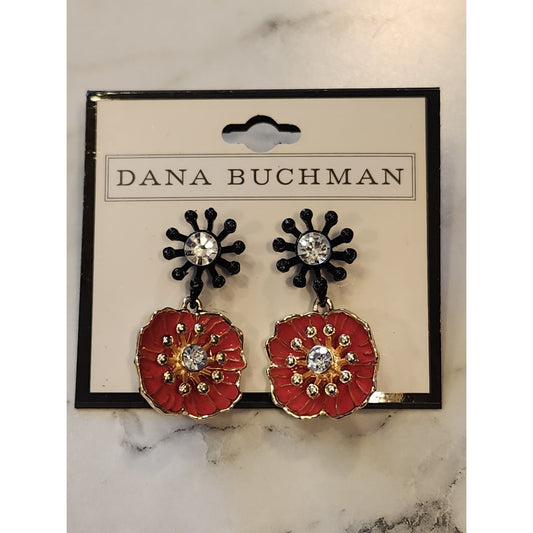 Dana Buchman Red Floral Drop Earrings With Rhinestone Accents