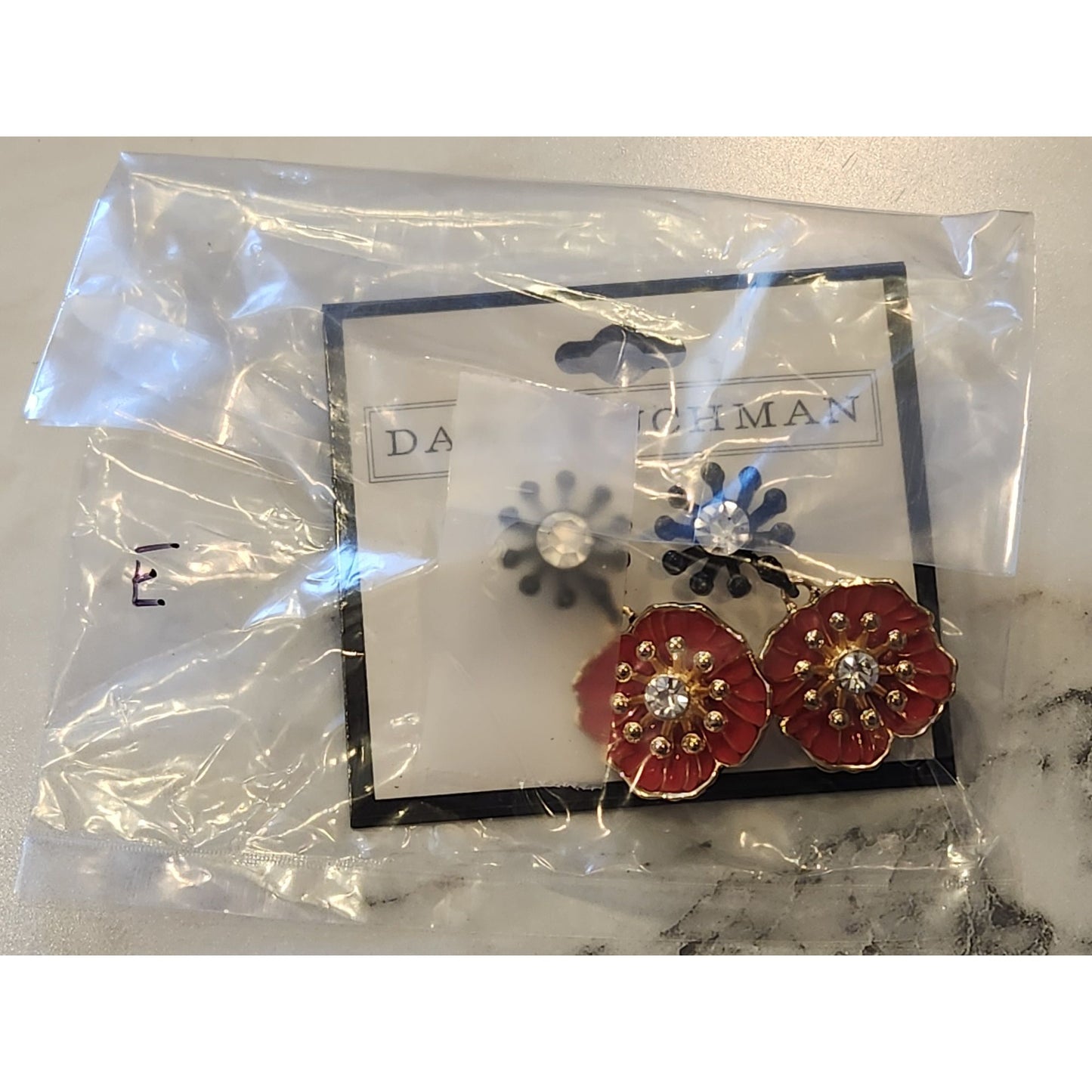 Dana Buchman Red Floral Drop Earrings With Rhinestone Accents