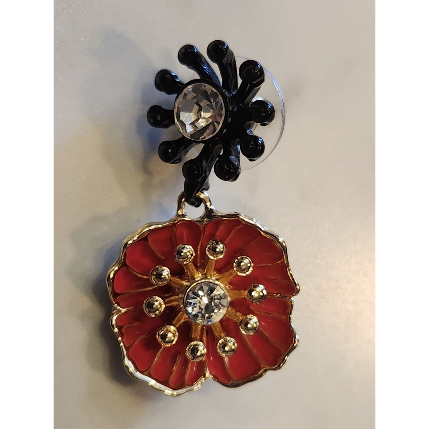 Dana Buchman Red Floral Drop Earrings With Rhinestone Accents