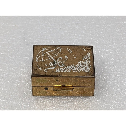 Vintage Miniature Metal Trinket Pill Box Rain Shower Umbrella 1.5" Gold Tone