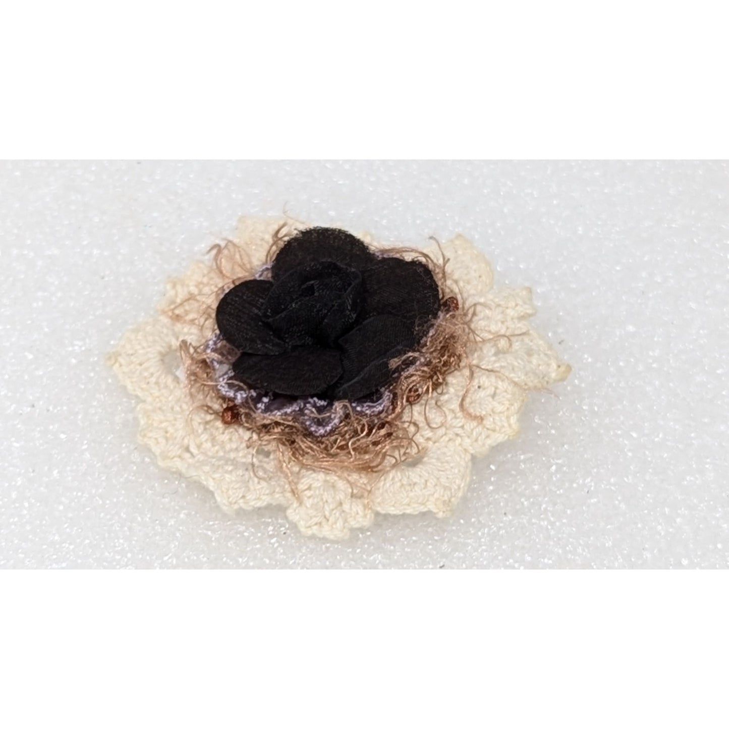 Vintage Handmade Crochet Flower Brooch With Black Center 3" Diameter