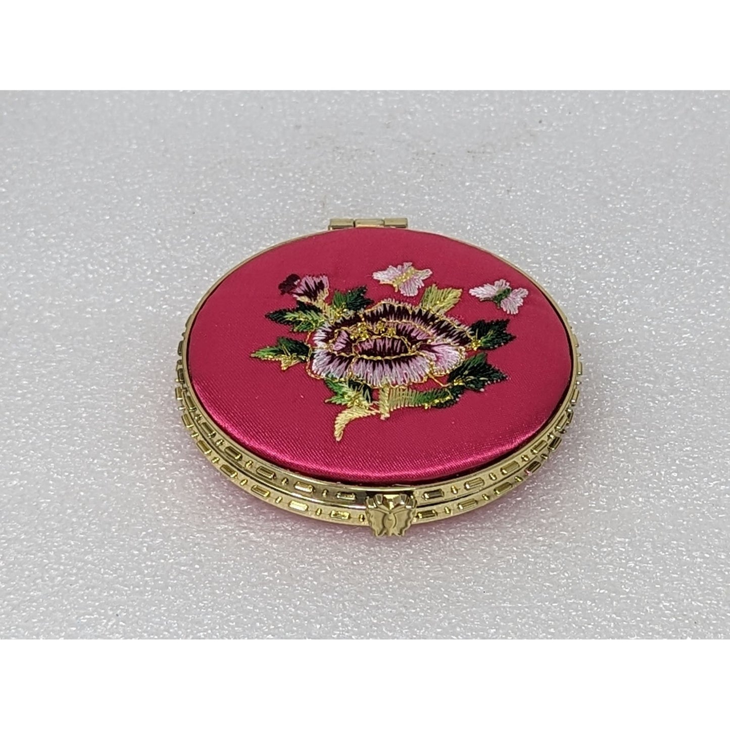 Embroidered Hand Purse Mirror Compact Pink Round