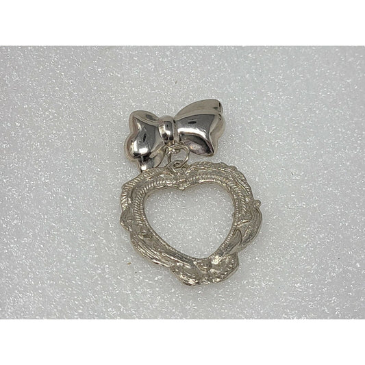 Vintage Silver Tone Dangle Heart Brooch W/ Bow Pin