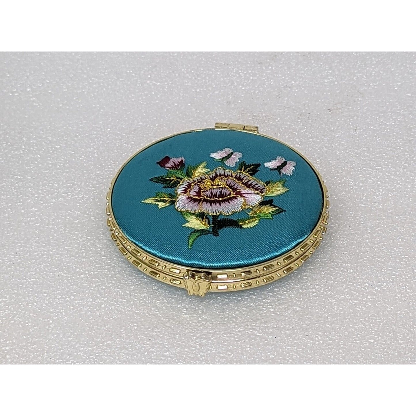 Embroidered Flower Hand Purse Mirror Compact Teal Round