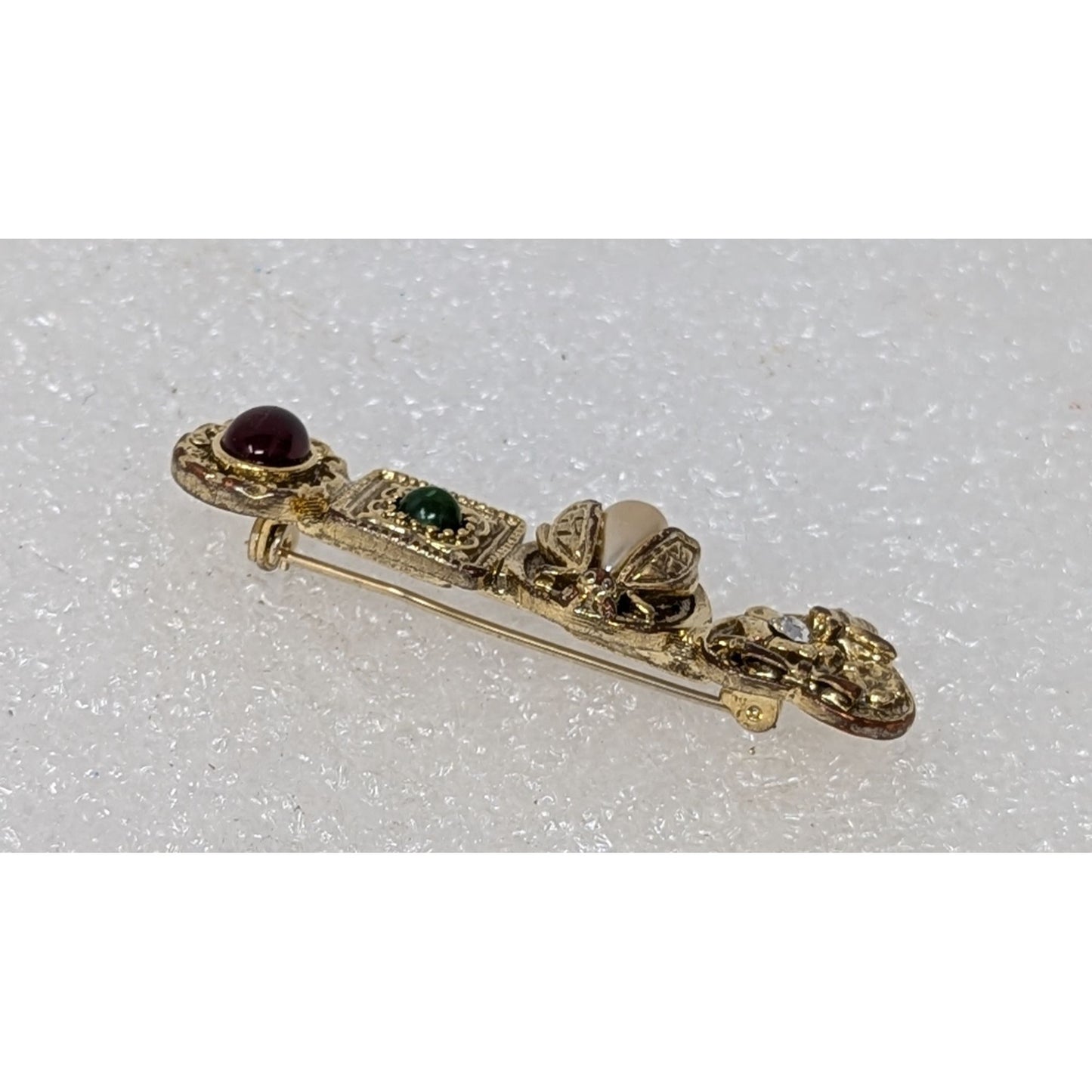 Vintage Gold Tone Bar Pin Brooch Faux Pearl Rhinestone 2 1/4"