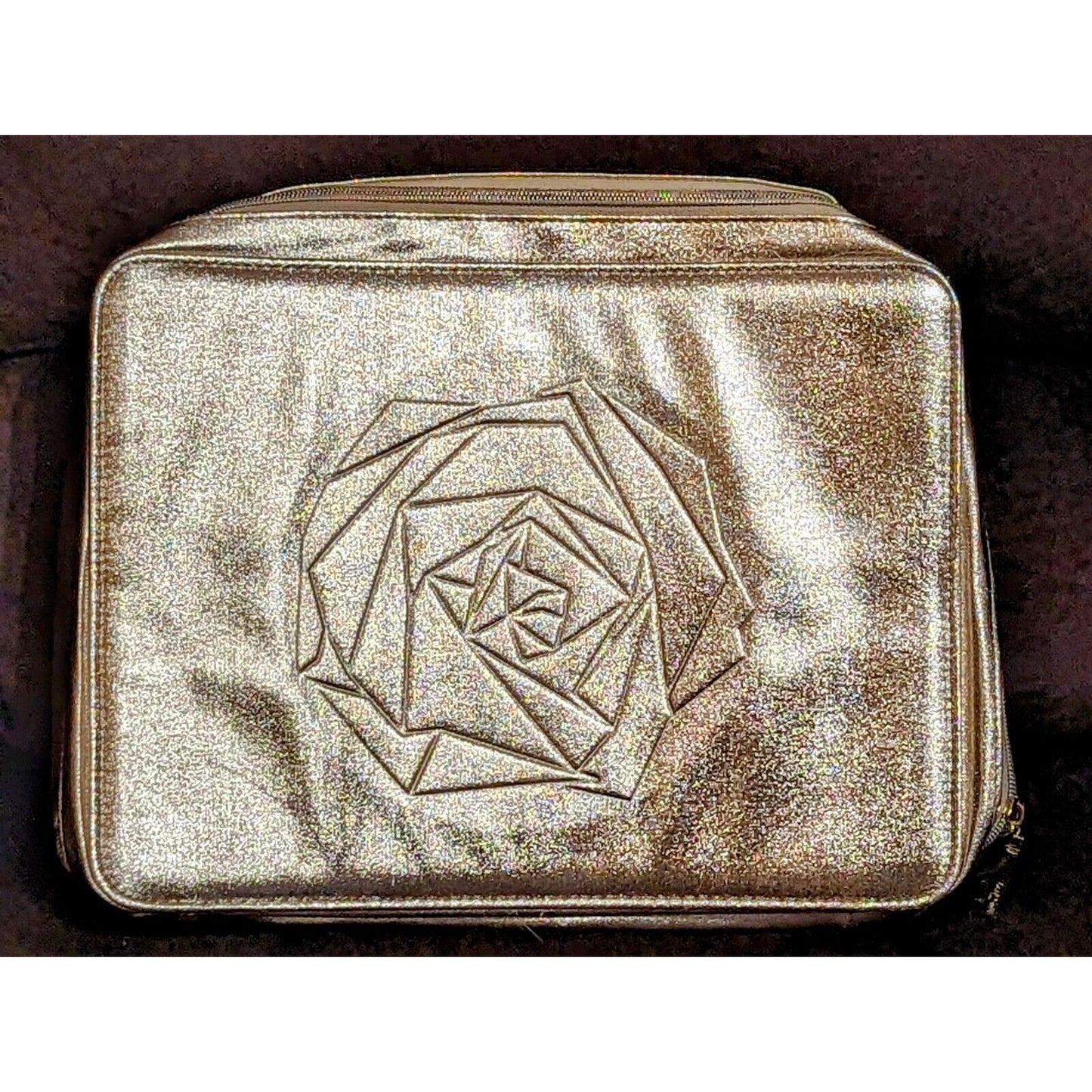Lancome Cosmetic Makeup Bag Train Case Metallic Gold w/Rose