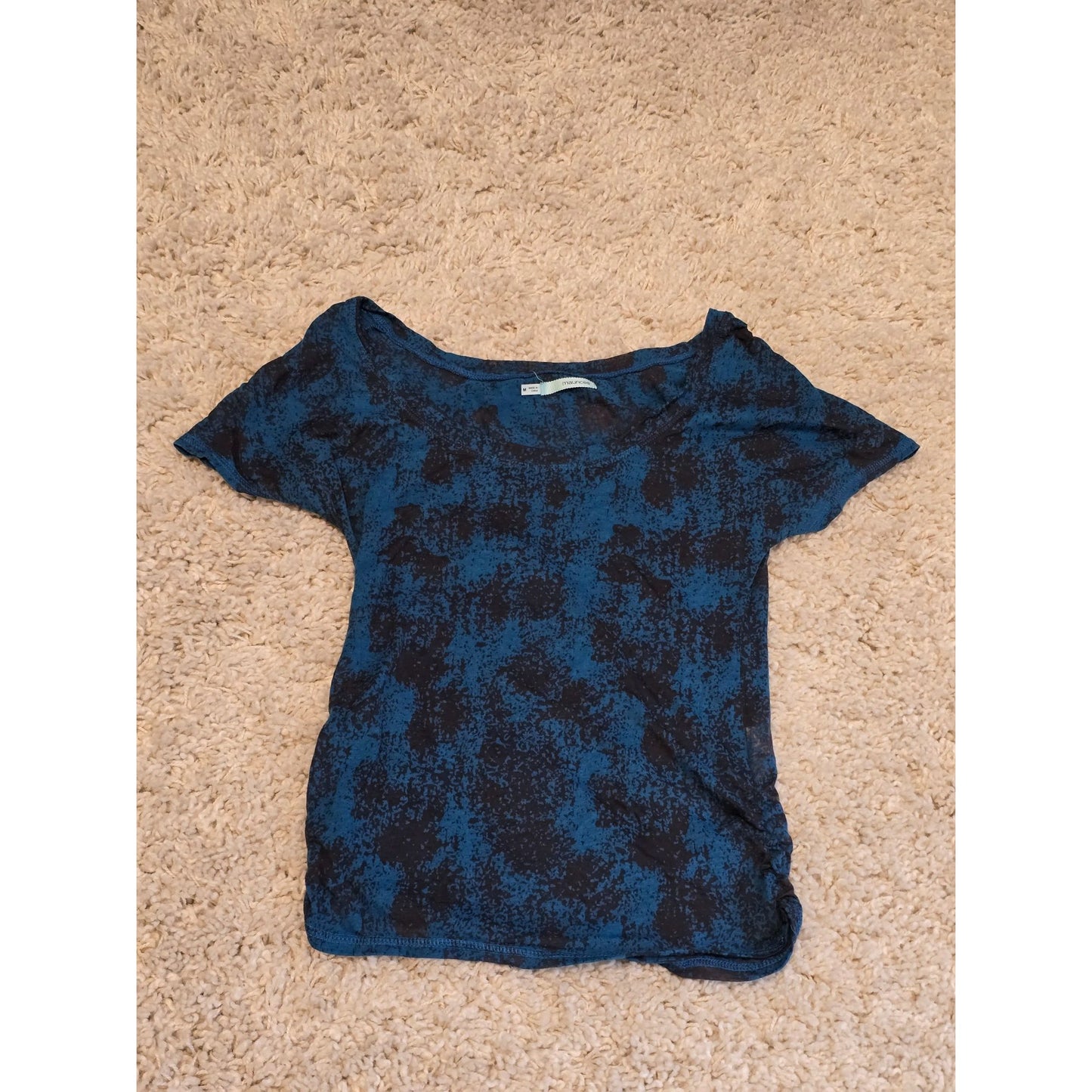 Maurices Women's Medium Blue Black Abstract Print Short Sleeve Tunic Top Ruched