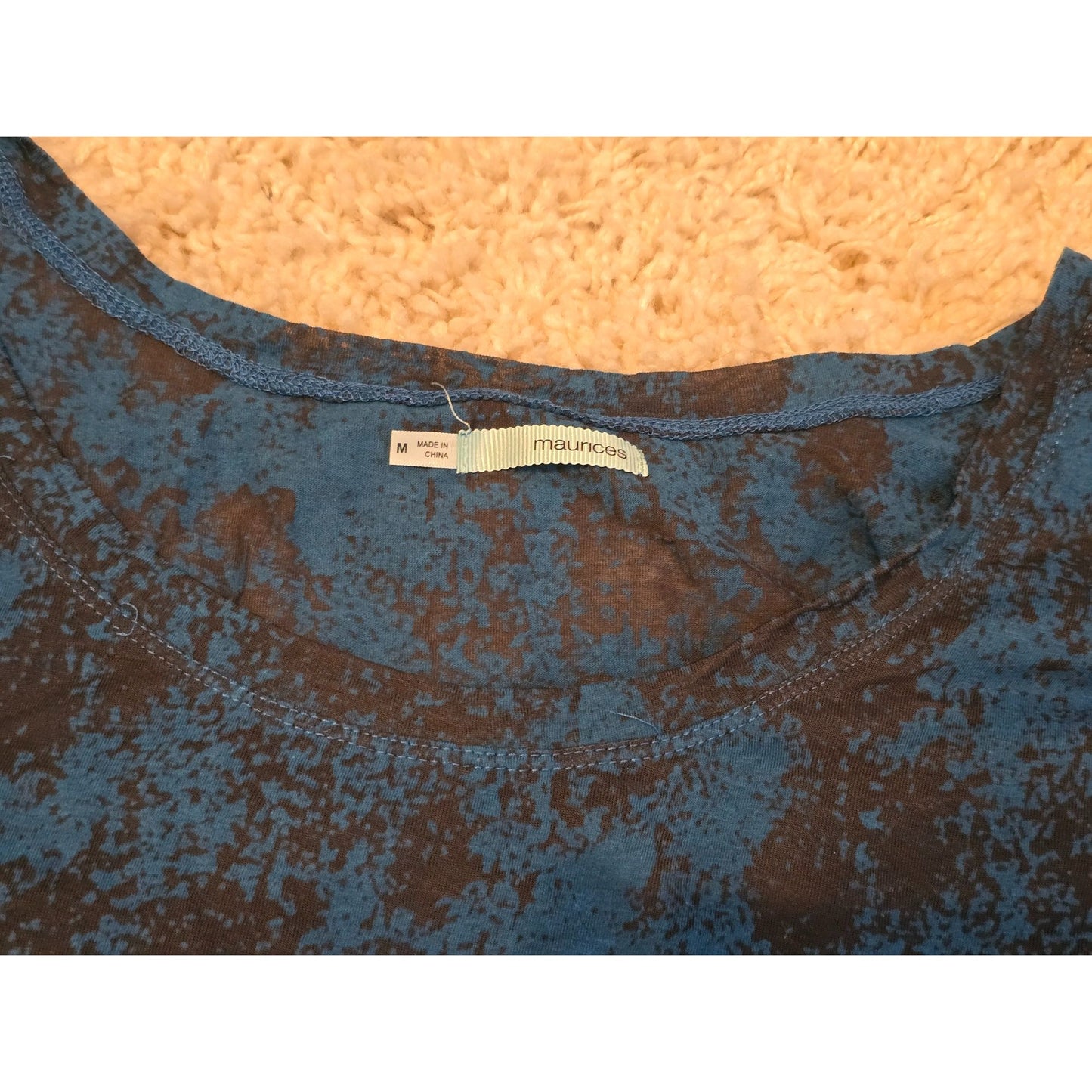 Maurices Women's Medium Blue Black Abstract Print Short Sleeve Tunic Top Ruched