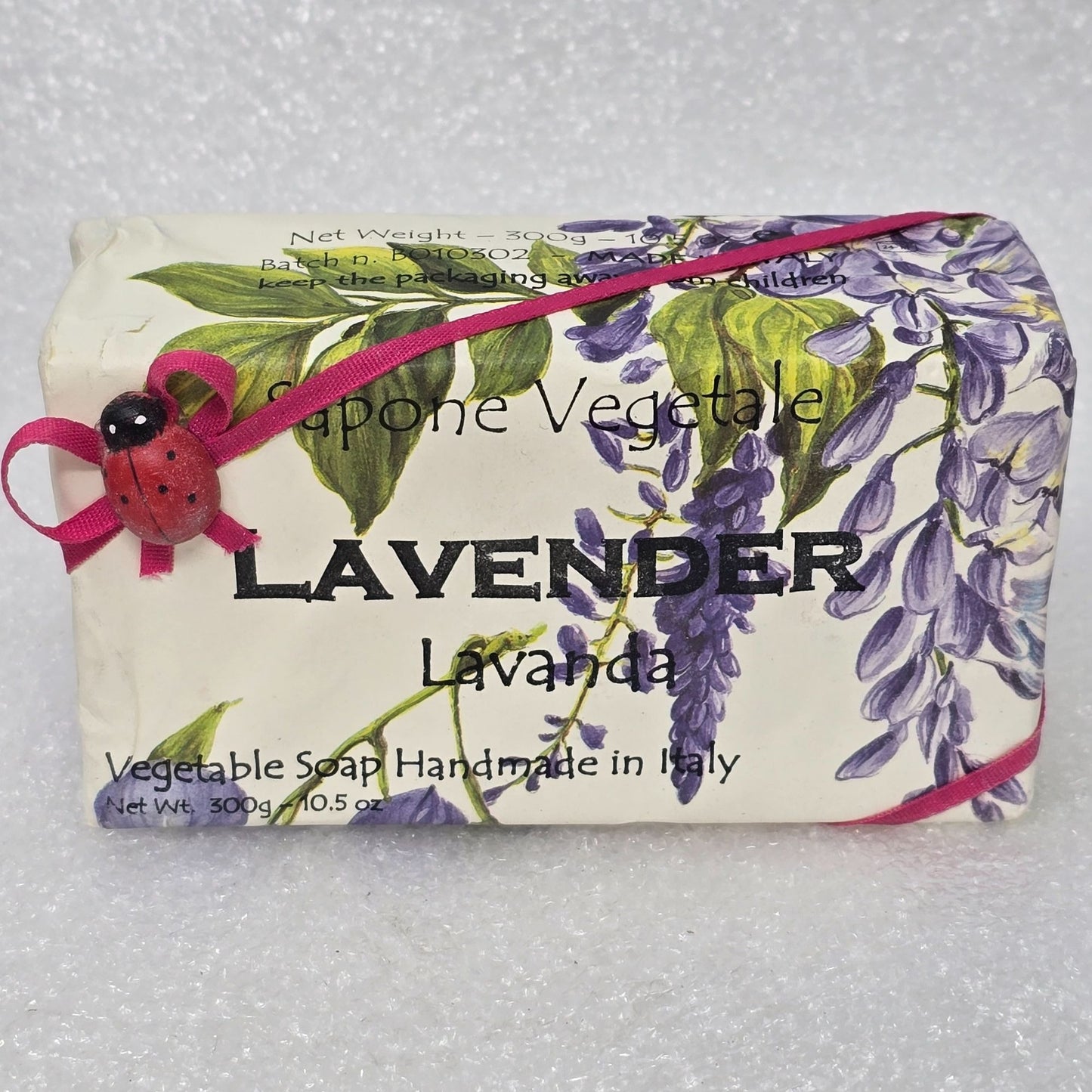 Lavender Scented Italian Vegetable Soap Bar Pink Ribbon & Ladybug Decoration