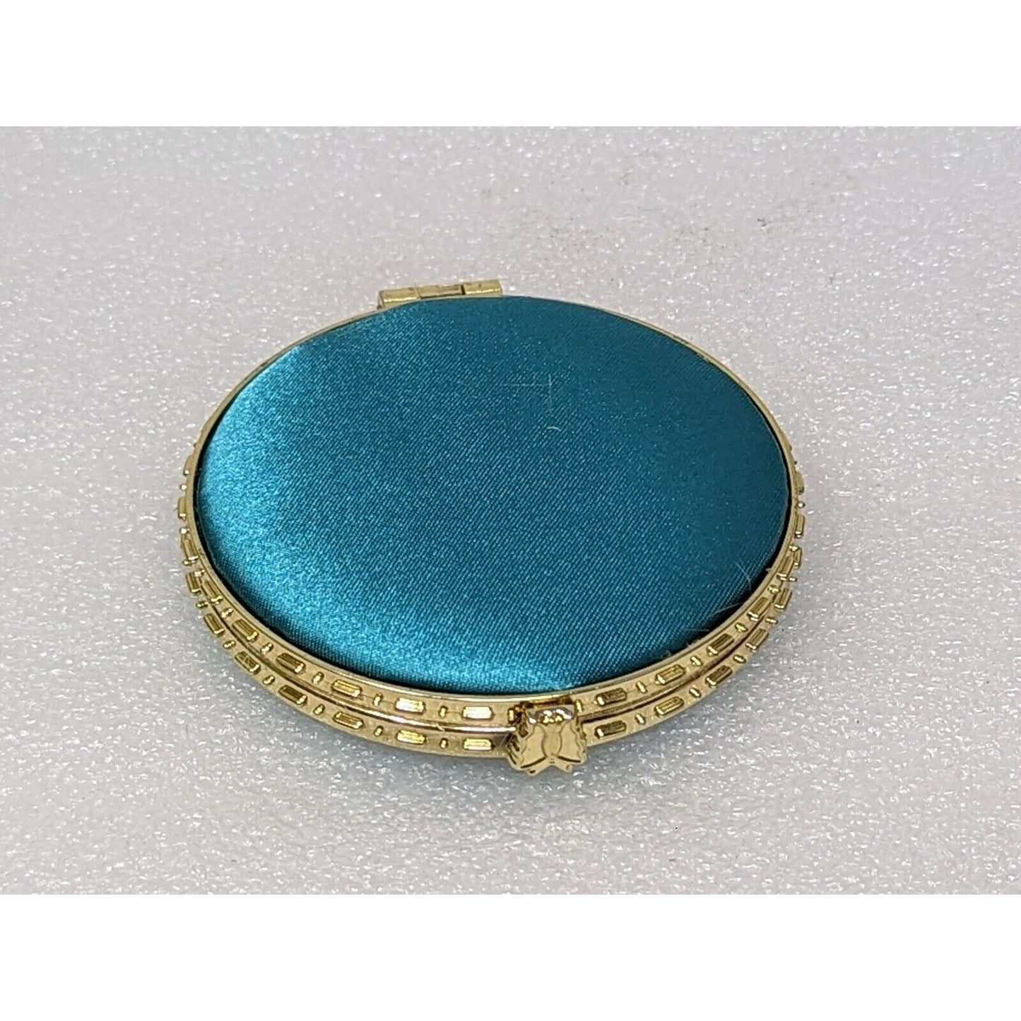 Embroidered Flower Hand Purse Mirror Compact Teal Round