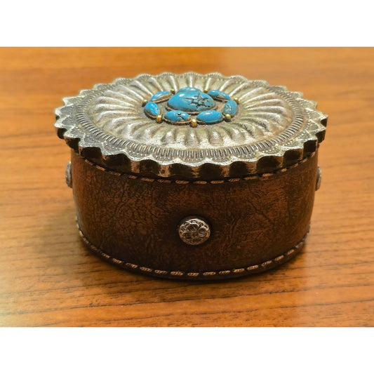 Western Faux Turquoise Concho Trinket Box Faux Leather Round Jewelry Box