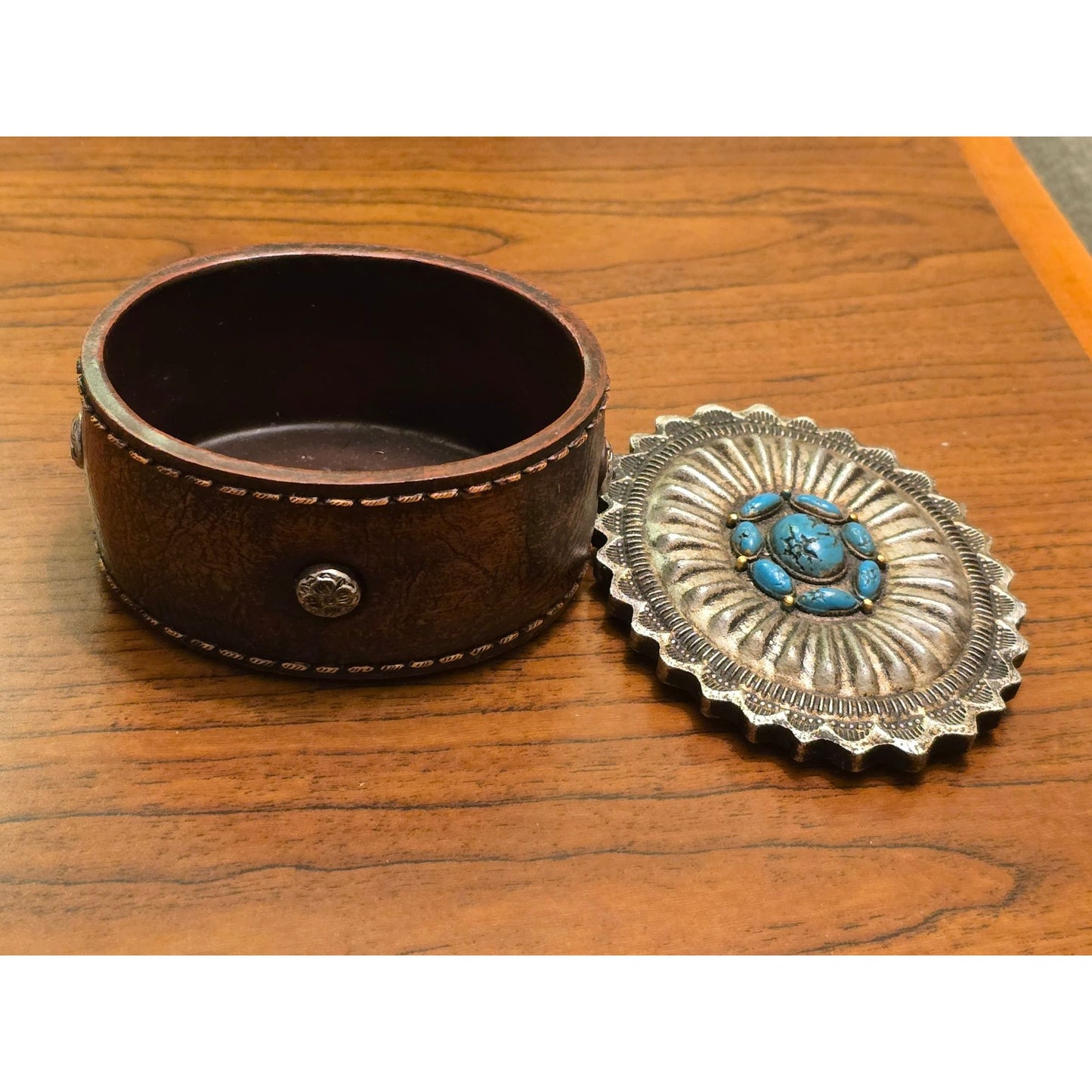 Western Faux Turquoise Concho Trinket Box Faux Leather Round Jewelry Box
