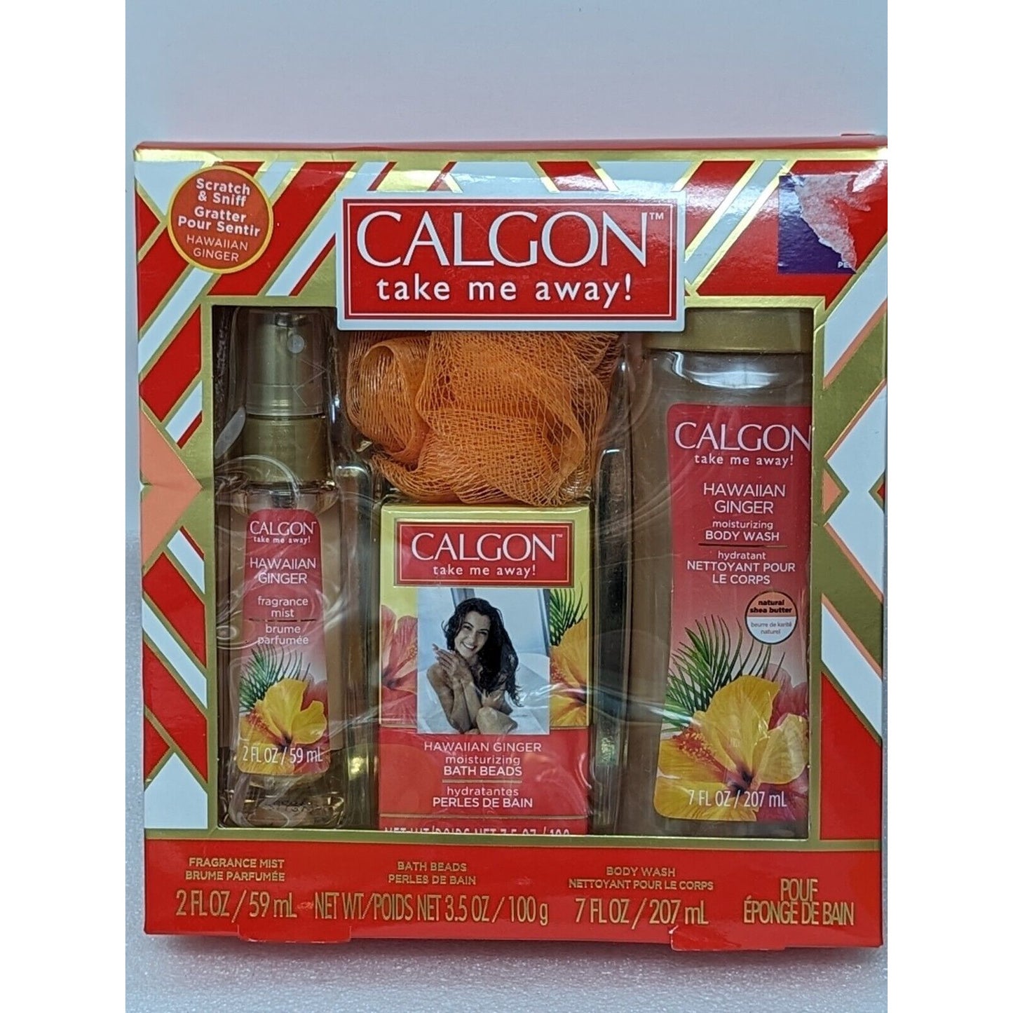 Calgon Hawaiian Ginger 4 Piece Gift Set Body Wash Bath Beads Fragrance Mist Pouf