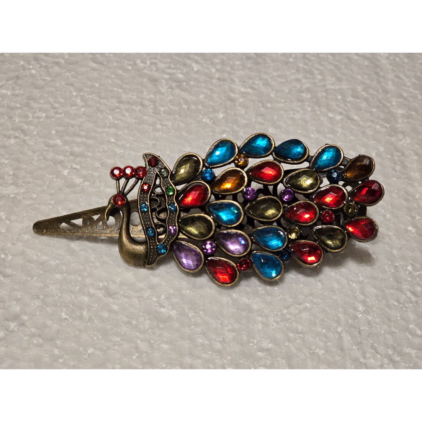 Peacock Hair Clip With Colorful Gemstones & Antique Gold Finish