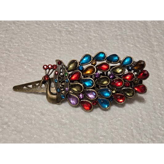 Peacock Hair Clip With Colorful Gemstones & Antique Gold Finish