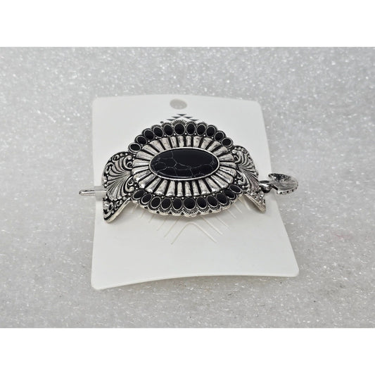 Silver-Tone Hair Barrette With Black Gemstone Accent and Stick