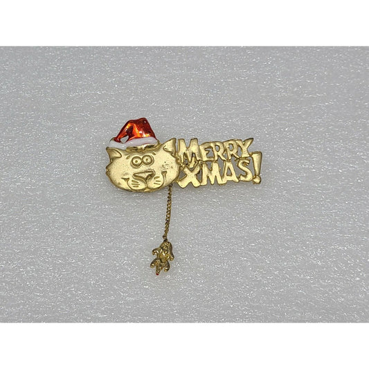 Vintage Merry Xmas Brooch Cat w/Santa Claus Hat Gold Tone Christmas