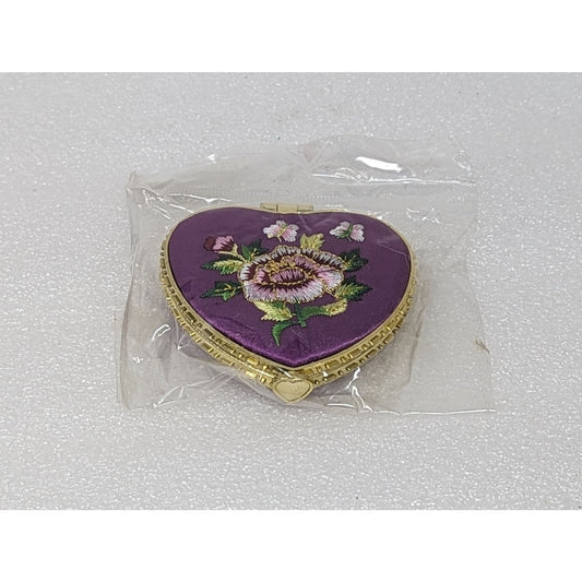 Embroidered Flower Hand Purse Mirror Compact Purple Heart Shaped