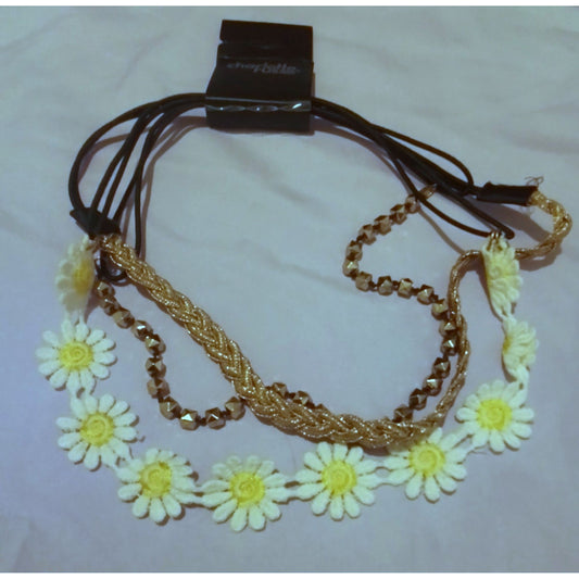 3 Charlotte Russe Fashion Headbands Daisy Floral Gold Braided & Beaded Stretch